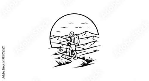 A hiker stands with a backpack and poles on a path, with mountains and a stream