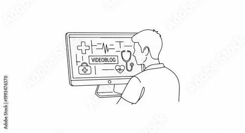 Person watching medical information and videoblog on computer screen