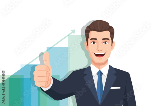 Businessman gives thumbs up in approval and success concept with graph