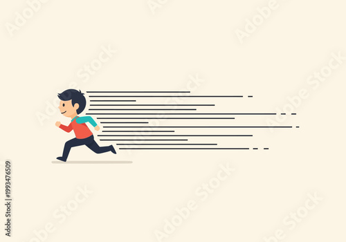 A boy runs quickly with motion lines behind him symbolizing speed and progress.