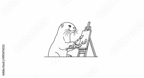 A cheerful otter paints on an easel with a palette and brush