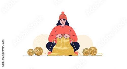 Woman Knitting with Wool Yarn Balls in Cozy Winter Attire