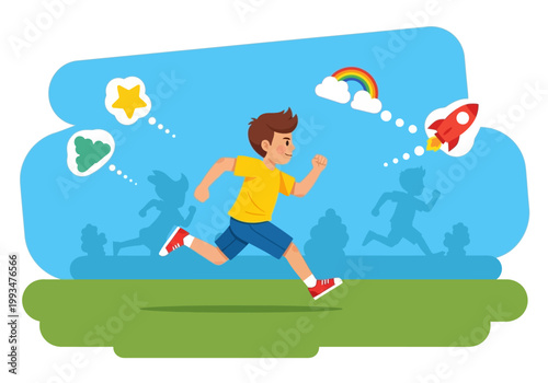 A boy runs forward with a confident posture chasing dreams in a colorful flat illustration.