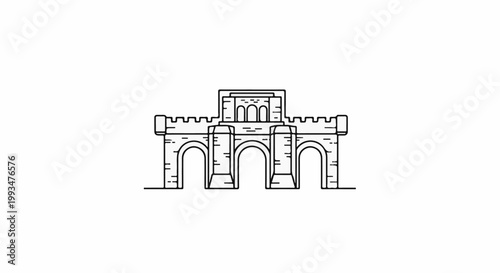 Stylized line drawing of a stone gatehouse with crenellated battlements and arches