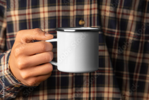 Enamel mug mockup with rim, blank steel cup for design, pattern, branding.