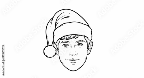 Young person wearing a Santa hat, line art portrait