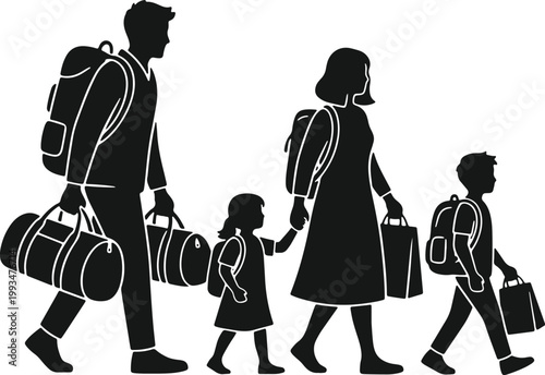Family going on vacation with luggage and backpacks silhouette walking together.