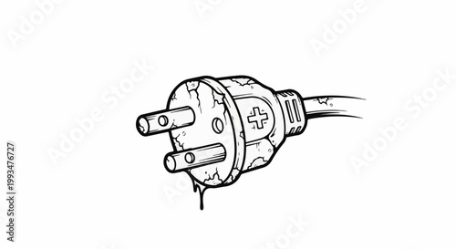 Worn electrical plug with a plus symbol and dripping liquid
