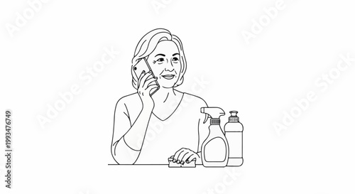 Woman on phone with cleaning supplies and sponge