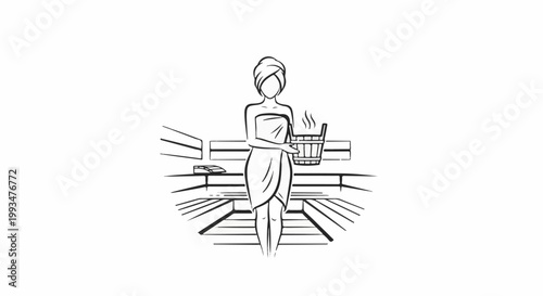 Woman in sauna wrapped in towel holding a bucket with steam rising