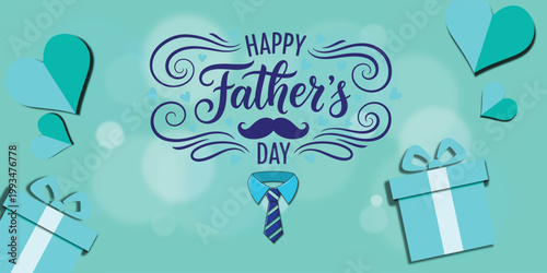 Happy fathers day message with blue hearts, tie and gifts on bokeh background.