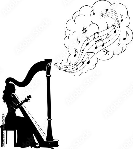 Silhouette of a Woman Playing a Harp with Floating Musical Notes
