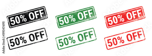fifty percent off discount rubber stamp set with grunge texture black green red rectangular promotional label