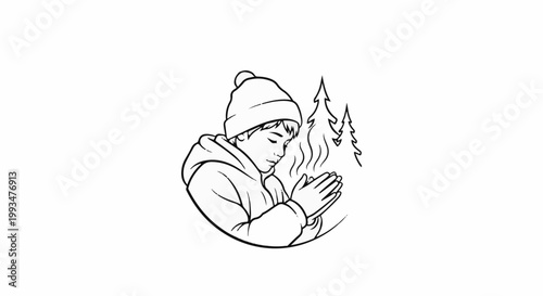 Young person warming hands near steam in a winter forest