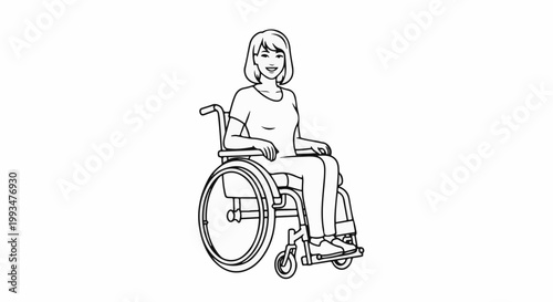 A smiling woman sits comfortably in a simple line drawing of a wheelchair