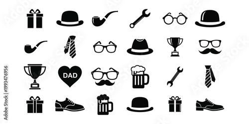 Collection of mens lifestyle icons including ties and glasses with tools and beer mugs.
