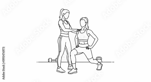 Two women exercising together, one guiding the other in a lunge
