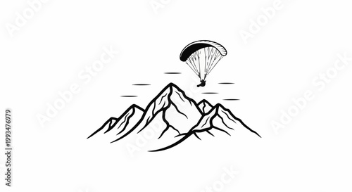 Stylized mountains with a person paragliding above