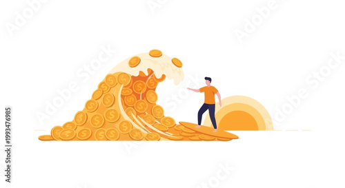Man Generating Wealth from a Pile of Coins and Bills