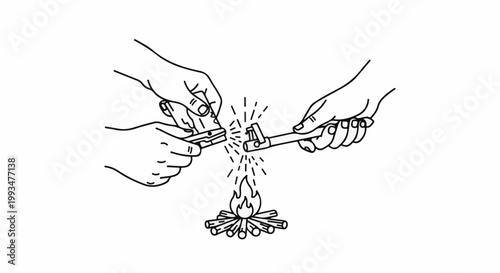 Two hands strike a spark from a lighter to ignite a small pile of wood