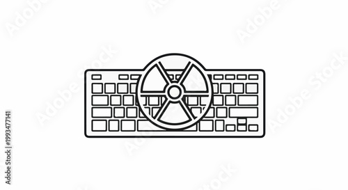 Stylized line art of a computer keyboard with a radioactive symbol