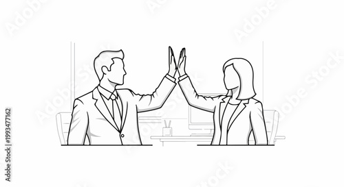 Two colleagues in business attire give a high five, celebrating success
