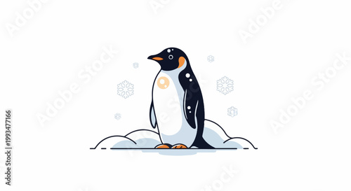Adorable penguin standing in snow with snowflakes falling around it