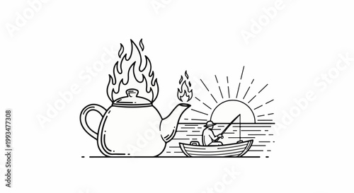 A steaming teapot sits beside a fisherman in a boat as the sun sets over the water