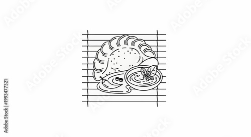 A simple line drawing of a single dumpling with a side of dipping sauce and garnish