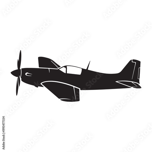 Silhouette of propeller airplane isolated on white background 