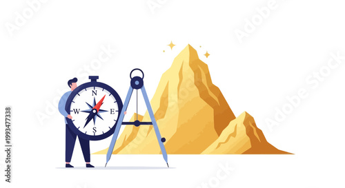 Mountain Climber with Compass and Mountain Peak