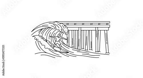 Surfer rides a wave under a pier