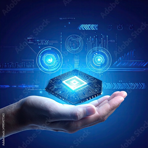 Hand Holding Futuristic Digital Microchip Technology Concept.