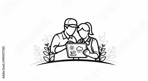 Two individuals examine a tablet displaying weather and crop icons