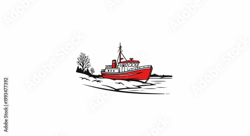 A red and white boat sits on a partially frozen body of water near a bare tree