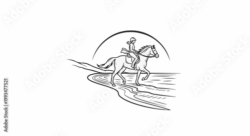 A person rides a horse along a curved path near water