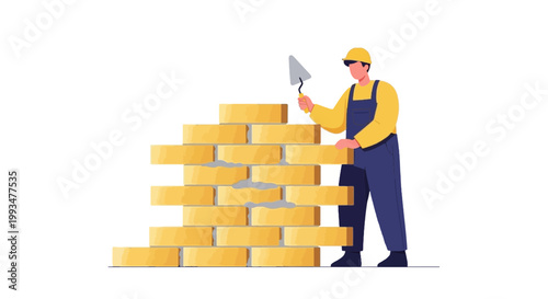 Construction Worker Building Brick Wall with Trowel