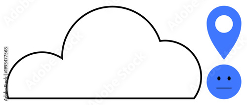 Data storage, geolocation, facial recognition, cloud computing, digital connection, technology services. Outline of a cloud, geolocation pin and neutral face icon. Cloud computing and geolocation