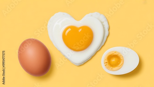 Three eggs presented on a bright yellow surface including heart shaped fried egg