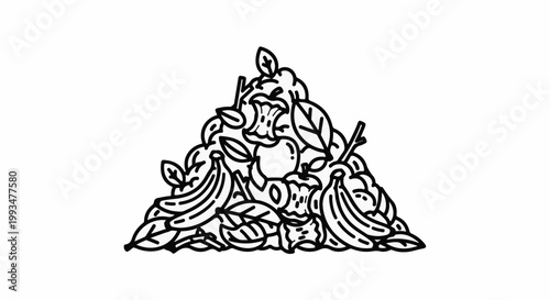 A triangular pile of organic waste, including apple cores, banana peels, and leaves