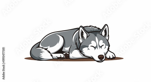 A cute, cartoonish husky dog is sleeping on a brown patch of ground