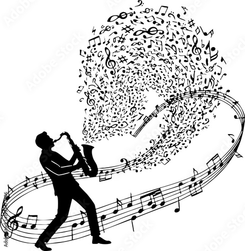 Silhouette of a Man Playing Saxophone with Flowing Musical Notes