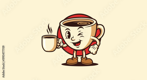 Cartoon coffee cup character winking and holding a steaming mug