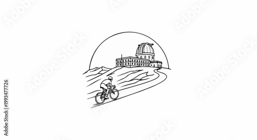 Cyclist ascends to observatory atop a hill under a crescent sun arc
