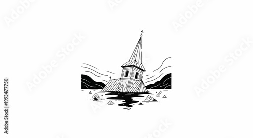 Dilapidated, leaning church tower sinks into dark, choppy water amidst rocky outcrops