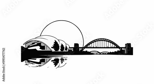 Stylized silhouette of a modern cityscape with arched bridges reflected