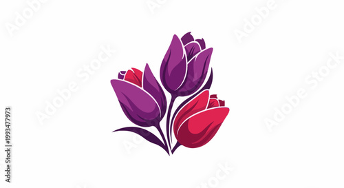 Artistic depiction of three stylized tulips in purple and red hues