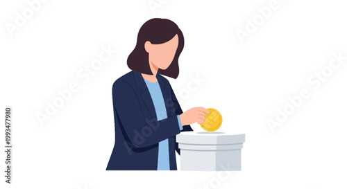 Businesswoman Placing Coin into Donation Box for Charitable Giving