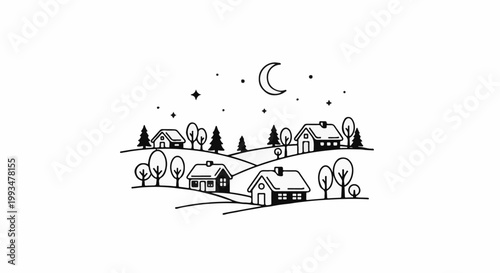 A minimalist night scene with crescent moon and starry sky over hills