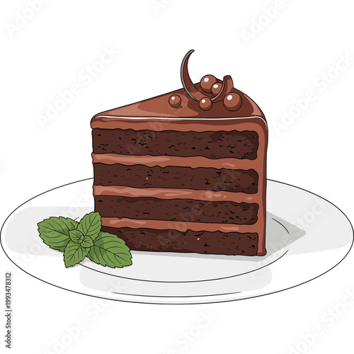 A slice of chocolate cake with mint leaves on a plate indoors